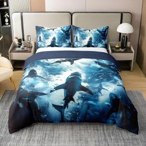 Erosebridal Комплект постельного белья Shark с 3D принтом морских животных из 100% хлопка в морской тематике, White and Blue