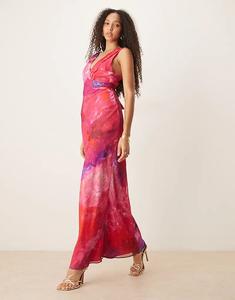 Платье макси Hope & Ivy с V-образным вырезом и завязками на спине, с розовым принтом