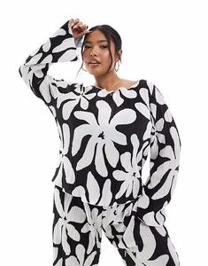 Топ Vero Moda Curve с длинными рукавами и вырезом-лодочкой, плиссированный, с монохромным цветочным принтом