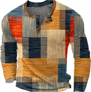 Футболка с длинным рукавом мужская, дизайн пэчворк, воротник хенли, легкая