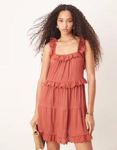 ASOS DESIGN кружевное мини-платье с оборками и ярусами цвета ржавчины