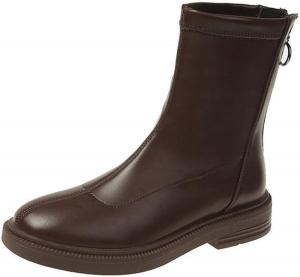 Женские теплые ботинки на щиколотку Yiozoi, осенне-зимние уличные высокие кожаные туфли на плоской подошве с застежкой сзади, удобные повседневные обтягивающие ботильоны для женщин, Brown