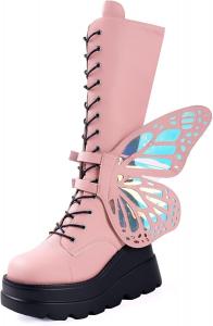 Женские сапоги SACFOF в стиле панк-гот с высокой средней голенью, массивным каблуком, боковой молнией и крыльями бабочки, высокие мотоциклетные боевые ботиночки, Pink