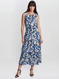 Zara платье с цветочным принтом плиссе ярусами Gina Bacconi, Navy/Multi
