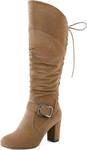 Женские сандалии Zamikoo, свободные ботильоны до колена с круглым носком, массивным каблуком, боковой молнией и металлической пряжкой, высокие повседневные сапоги на каблуке 3,5 дюйма, Suede Brown