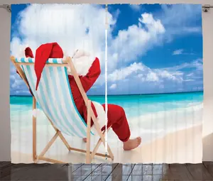 Штора в деревенском стиле Санта-Клаус от ABAKUHAUS, Отдых на экзотическом пляже, для спальни, со сборками, петлями и крючками, 280 x 245 см, цвет: синий, песочный, коричневый, красный Abakuhaus