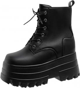 Женские ботинки на платформе, ботильоны, готические шнурованные боевые ботинки из искусственной кожи, средние сапоги для верховой езды Zzalalana, Black