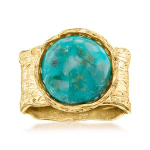 Кольцо Ross-Simons Turquoise Wide Band Ring из текстурированного и полированного 18-каратного золота поверх стерлингового серебра Ross-Simons, синий