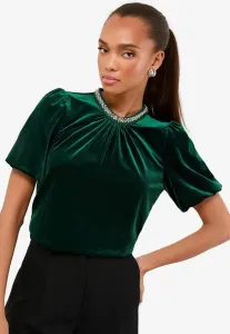 Блузка прямого кроя с пышными рукавами Lipsy, Green Velvet Embellished Trim
