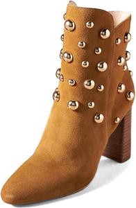 Женские модные ботильоны FYS с заклепками, круглым носком и массивным каблуком, короткие ботинки на осень, на пуговицах, размеры 4-16 US, Sandy Brown