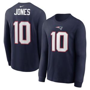 Мужская темно-синяя футболка Mac Jones New England Patriots с именем и номером игрока с длинным рукавом Nike