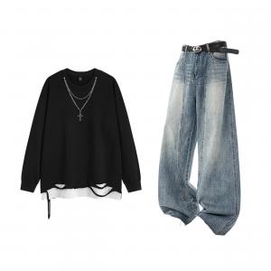 Свитшот-сет Unisex Crew Neck Moderate X1617, черный sweatshirt+синий knife jeans