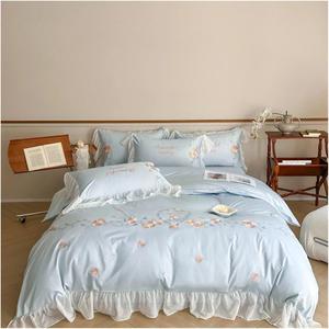 CAIMIAO Комплект постельного белья французская принцесса с цветочной вышивкой и кружевными рюшами Blue