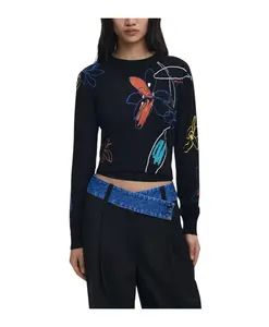 Вязаный топ с длинными рукавами и цветочным принтом Desigual, черный