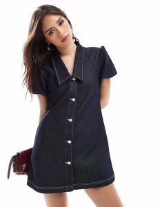 Платье с воротником и рукавами-фонариками, стирать в полоскании Asos Design, синий