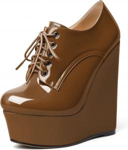Женские ботильоны AUMOTED на танкетке, круглый носок, платформенные короткие ботинки, для свиданий, из лакированной кожи, с шнуровкой, на танкетке 15 см, на молнии, удобные, Brown