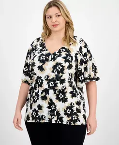 Топ больших размеров с принтом, расклешенными рукавами и V-образным вырезом JM Collection, белый