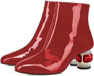 Женские ботильоны FSJ с круглым носком, камнями, невысоким каблуком, модные, с боковой молнией, повседневные, для выпускного, туристические, размеры 37-44, Rotes Lackleder