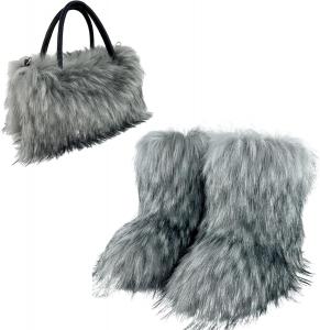 Женские зимние сапоги из искусственного меха, пушистые и теплые, противоскользящие, средней высоты, с низким каблуком, удобные с круглым носком, на плоской подошве, для улицы. Комплект из 2 предметов с плюшевой мягкой женской сумкой. Aflngle, Grey