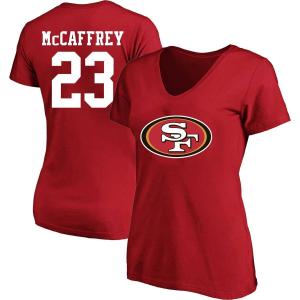Женская футболка Fanatics с брендом Christian McCaffrey Scarlet San Francisco 49ers размера плюс, имя и номер игрока, футболка с v-образным вырезом Fanatics