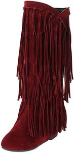 Женские зимние ковбойские ботинки с бахромой, женские модные ботинки с скрытым каблуком до колена, повседневные ботинки с круглым носком и кисточками LZXBZAI, Wine