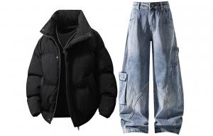 Повседневный спортивный костюм Unisex с воротником стойкой утепленный X1617, черный puffer jacket+синий pants