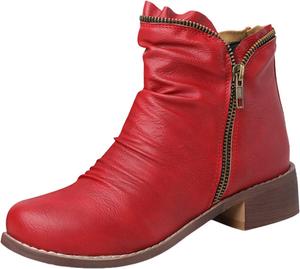Женские кожаные западные ботильоны на среднем каблуке с круглым носком | Ковбойские короткие ботинки | Застежка-молния сзади и петли для надевания | Массивный каблук | Осенне-зимние ковбойские ботильоны для повседневной носки Generic, Red