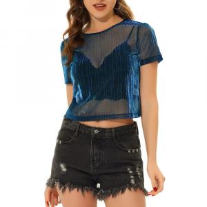 Женские укороченные прозрачные рубашки в сетку с короткими рукавами ALLEGRA K, синий