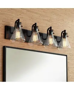 Настенный светильник Cindy в деревенском стиле, бронзовый, коричневый, металлический, шириной 33 дюйма, с 4 лампами, прозрачным стеклянным абажуром, зеркало для ванной комнаты, дома, прихожей, декор комнаты - Possini Euro Design Possini Euro Design, brown