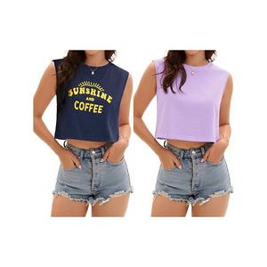 2 упаковки женских кроп-топов casual, свободные майки-борцовки без рукавов, базовые футболки Athlechic, Blue Letter Lilacsolid