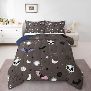 Erosebridal Комплект постельного белья Happy Halloween с принтом призраков, пауков, летучих мышей, черепов, солнца и луна в темно-коричневых тонах, Terra Brown