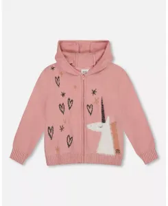 Вязаный кардиган с капюшоном для девочек, цвет пыльно-розовый, с интарсией в виде единорога - Малыш|Ребёнок Deux par Deux