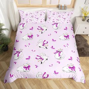 Erosebridal Комплект постельного белья Kids Cats с милыми котятами и бабочками, фиолетовый принт с бантами, White Purple