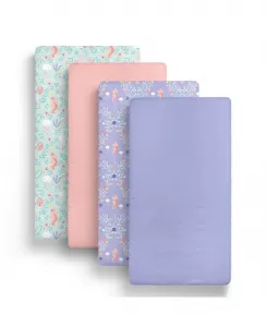 Комплект из 4 простыней для детской кроватки Ocean Girl из микрофибры The Peanutshell, зеленый/фиолетовый/розовый