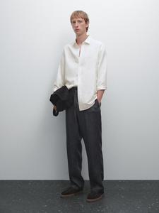 Рубашка классического кроя из льняной смеси Massimo Dutti, бежевый