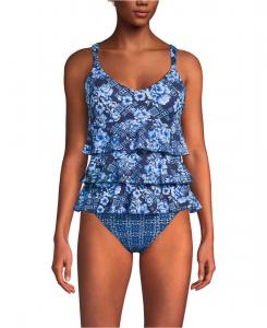 Женский купальник-бикини с длинным торсом и оборками, имитирующий купальник-бикини Lands' End, Navy mosaic floral/tile mix