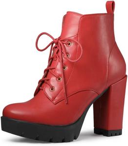 Женские ботинки Allegra K с круглым носком, массивным каблуком и шнуровкой на платформе, Red