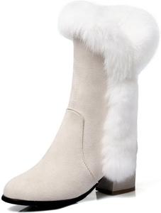 Зимние женские модные ботинки VULTRO с боковой молнией, на массивном каблуке, с теплой меховой подкладкой, высокие до середины голени, снегоступы, Beige