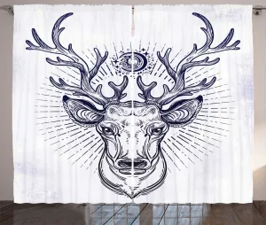 Штора ABAKUHAUS Дикая охота, рисунок головы оленя, в деревенском стиле, присборенная штора из тесьмы для спальни с петлями и крючками, 280 x 175 см, цвет: сине-серый, фиолетовый, сине-серый Abakuhaus