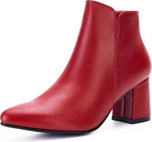 Женские ботильоны с вырезом сбоку, заостренным носком и низким квадратным каблуком, ботинки на молнии для работы и повседневной носки Solestique, Red Pu