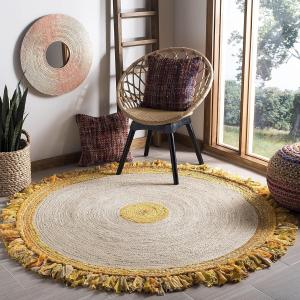 Ковер SAFAVIEH, 92 x 92 см, Cape Cod, круглый, Gold & Natural, ручной работы, бохо с бахромой, джут и хлопок, идеально для помещений с высокой проходимостью в гостиной, спальне (CAP212D)