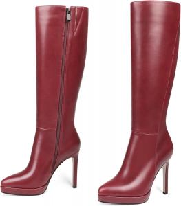 Женские сапоги COLETER до колена с острым носком и шпилькой, боковой молнией, длинные сапоги, осенние, сексуальные, для свадебного платья, Burgundy