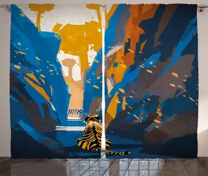 Штора ABAKUHAUS в африканском деревенском стиле, тигровая полоска в городе, универсальная ленточная штора для гостиной с петлями и крючками, 280 x 175 см, цвет: оранжево-синий Abakuhaus