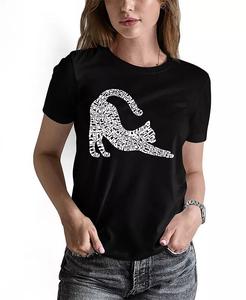 Женская футболка Stretching Cat Word Art с круглым вырезом LA Pop Art, черный