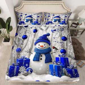 Erosebridal Детский комплект постельного белья с новогодним снеговиком, колокольчиками и снежинками, Blue Grey White