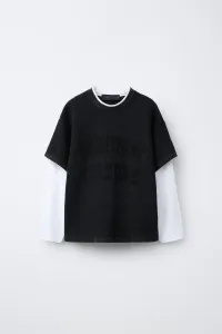 Футболка из двухслойной вафельной вязки с текстовым принтом Zara, черный