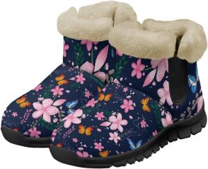 Зимние женские ботинки UNICEU Mushroom, теплые, слипоны, с пушистым верхом, для ходьбы на улице, Pink Flower Butterfly