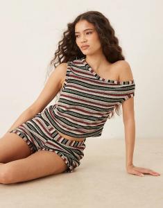 Комбинируемый трикотажный топ на одно плечо в полоску с пайетками красного цвета от ASOS DESIGN