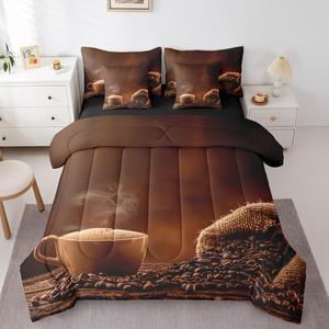 Erosebridal Комплект постельного белья 7Pcs Coffee Lovers с принтом кофейных зерен и чашек, декоративный дизайн для кафе, Brown Red
