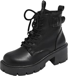 Женские ботильоны на шнуровке с массивным среднем каблуке, боевые ботинки с боковой молнией, короткие ботинки из искусственной кожи, туристические ботинки Generic, Black